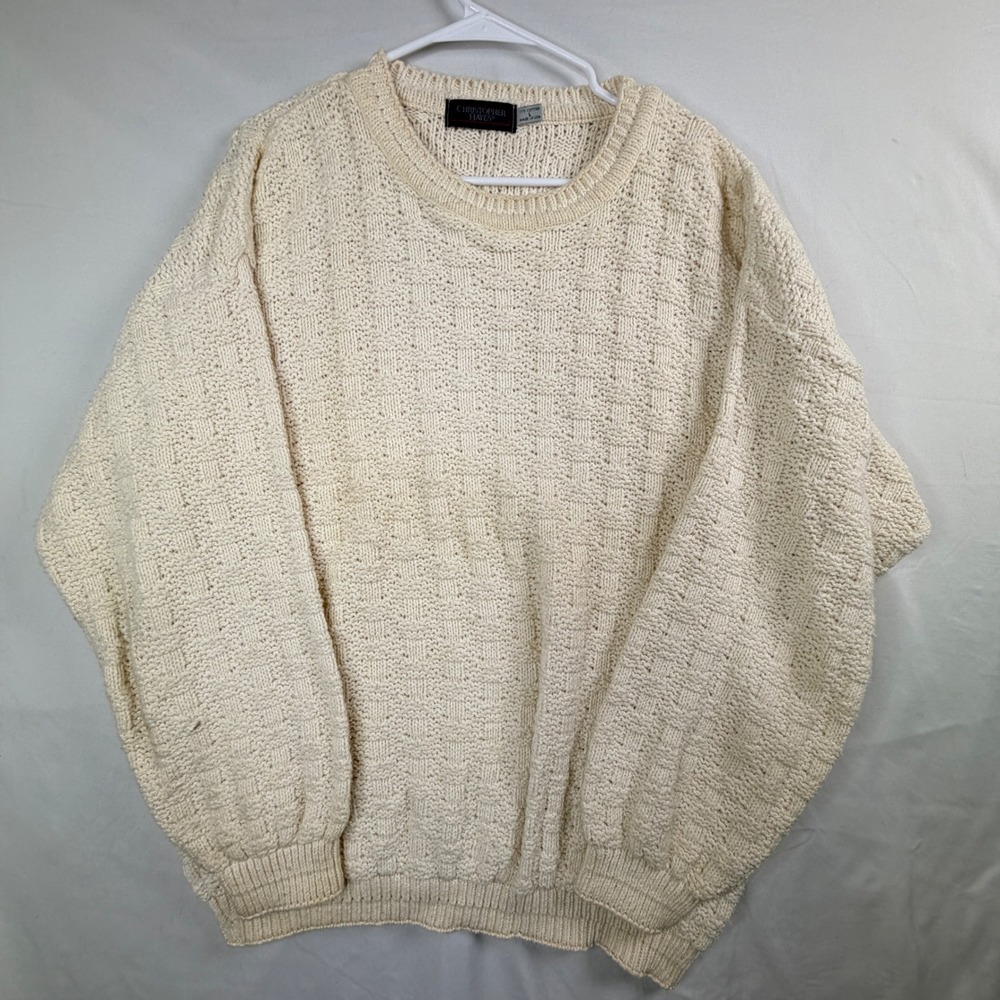 Christopher Hayes Sweater Size L Cream Cotton Basketweave Knit Made in USA